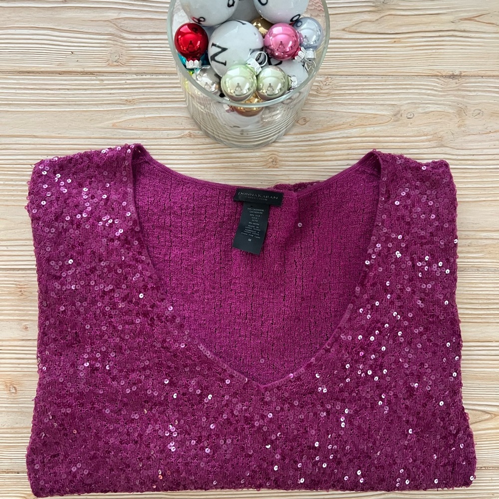 Donna Karan Collection Cashmere Silk Sequin V-Neck Sweater – Berry - Picture 6 of 7